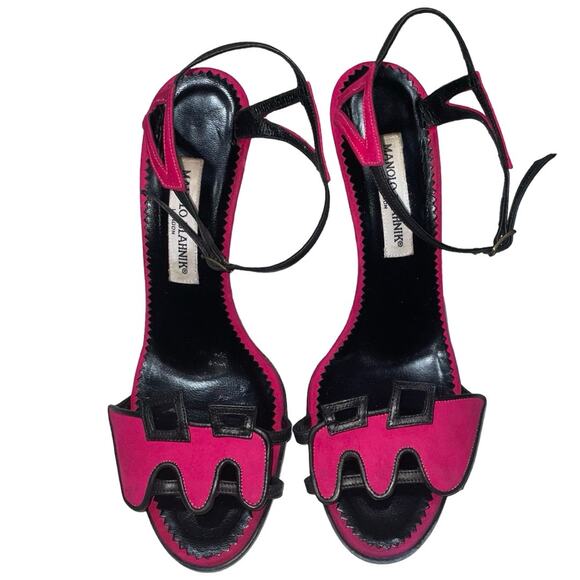 Manolo Blahnik Ruggio Pink Suede Black Leather Trim Strappy Heels   Size: 39 - Picture 1 of 8
